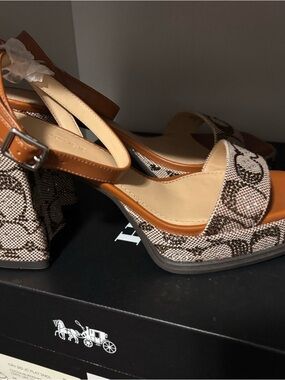 Coach Brown and Beige Platform Sandals with Signature Logo Crystal